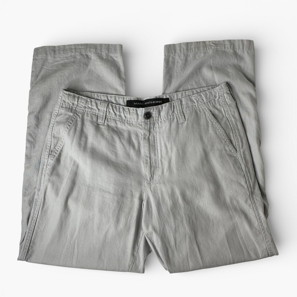 Marc Anthony Linen Blend Chino Pants Light Gray Flat Front Casual Mens 34x30